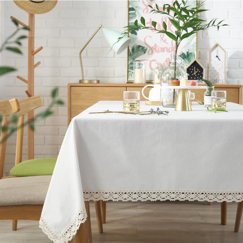 Mantel liso de lino y algodón con encaje blanco, elegante mantel  rectangular, cubierta para mesa de té y cena en casa|Manteles| - AliExpress