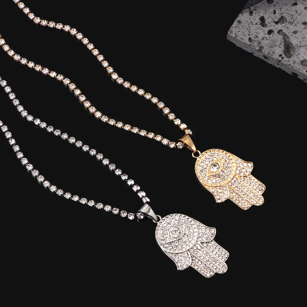 Novo ouro cor de prata cristal hamsa mão pingente colar para as mulheres  completa strass mal olho gargantilha colar sorte jóias presente - AliExpress, image size:1001x1001