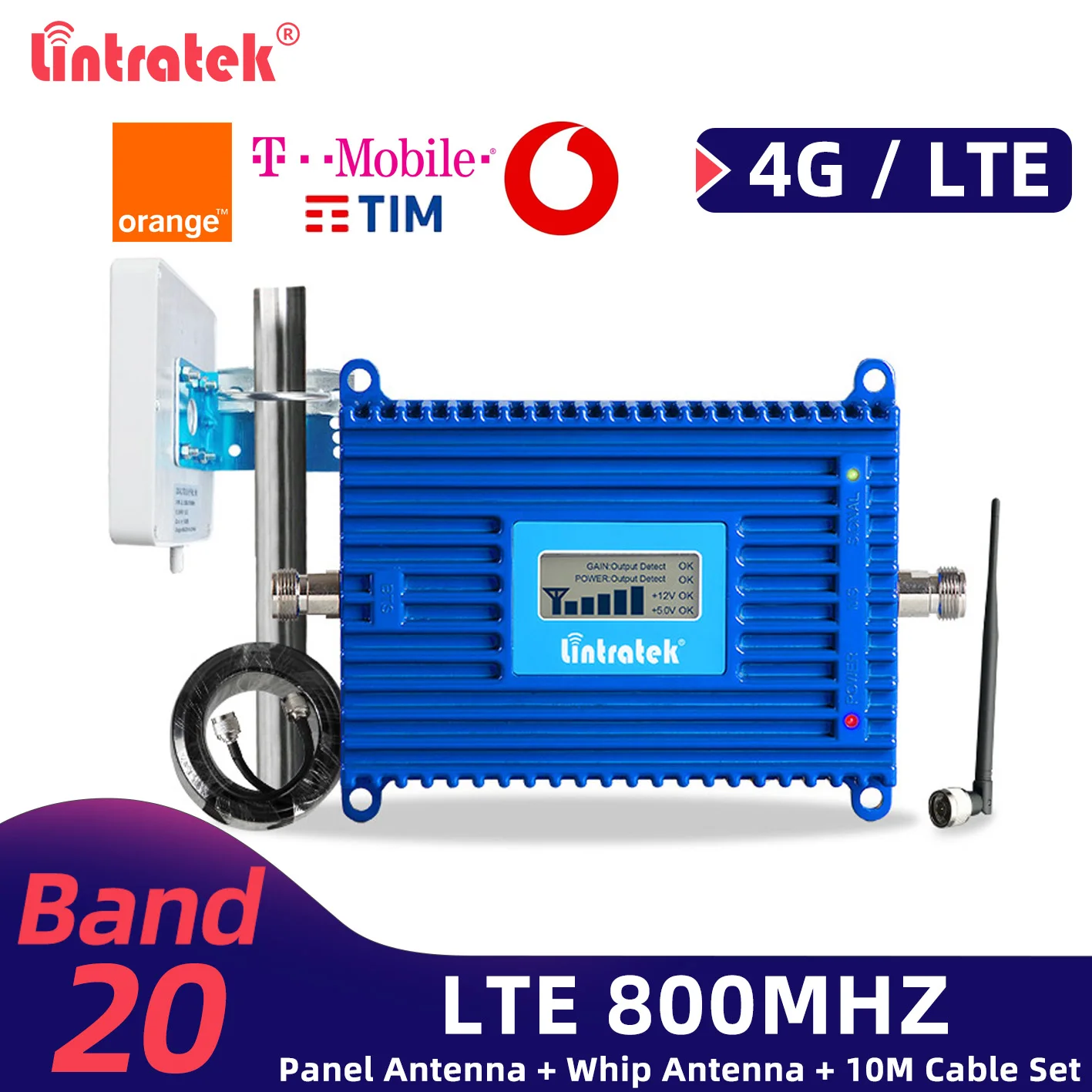 Lintratek 4G Signal Booster Band 20 Repeater LTE  800MHz Mobile Phone Signal Amplifier ALC B20 Cellular Amplifier Antenna Set
