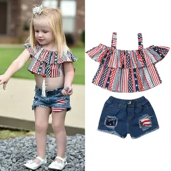 

Fashion 4th Of July Toddler Kids Girls Clothes Set Strap Tops+Denim Shorts 2Pcs Infant Girls Flag Outfits Set