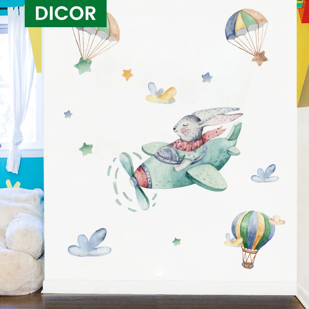 Креативные Мультяшные виниловые наклейки на стену кролик летающий самолет милые