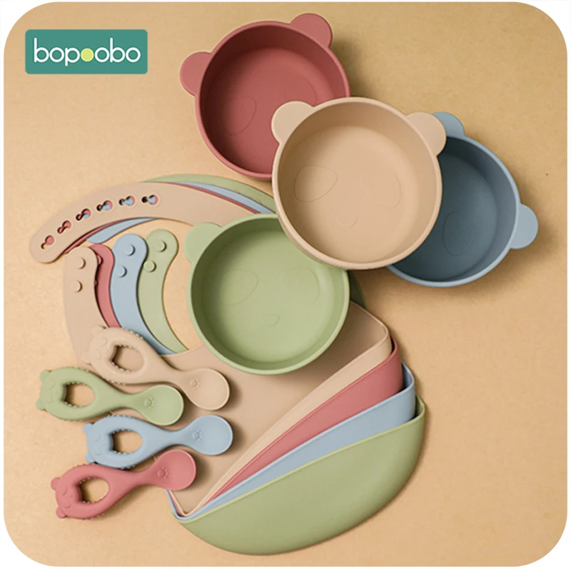 

Bopoobo 3Pc/1Set Baby Silicone Bowl Bib Feeding Set Tableware Waterproof Learning Suction Bowl Set Non-slip NO BPA for Baby Gift