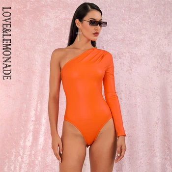 

LOVE&LEMONADE Sexy Orange One-Shoulder Long-Sleeved Slim-Fit Elastic Matte PU Bodysuit LM82055