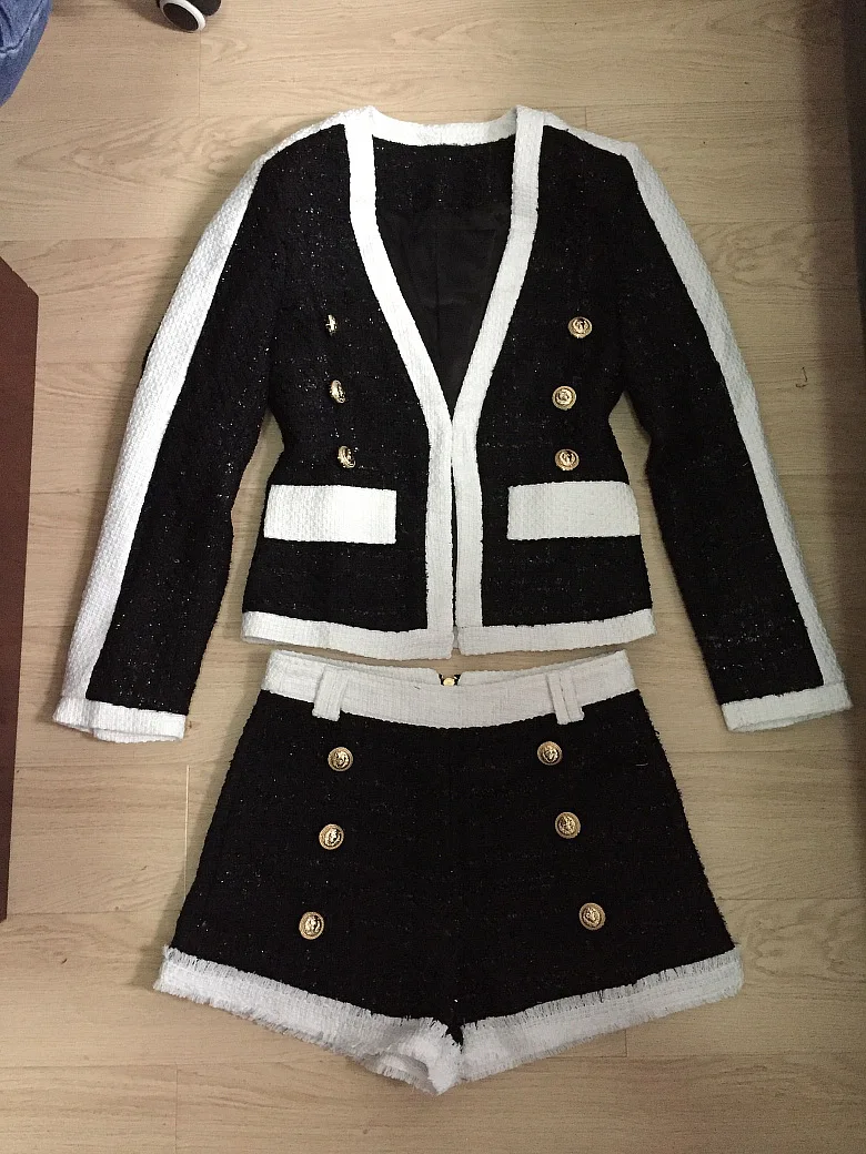Женский комплект 2 шт. комплект из твидового пиджака с золотыми пуговицами; твидовый пиджак и шорты - Цвет: black