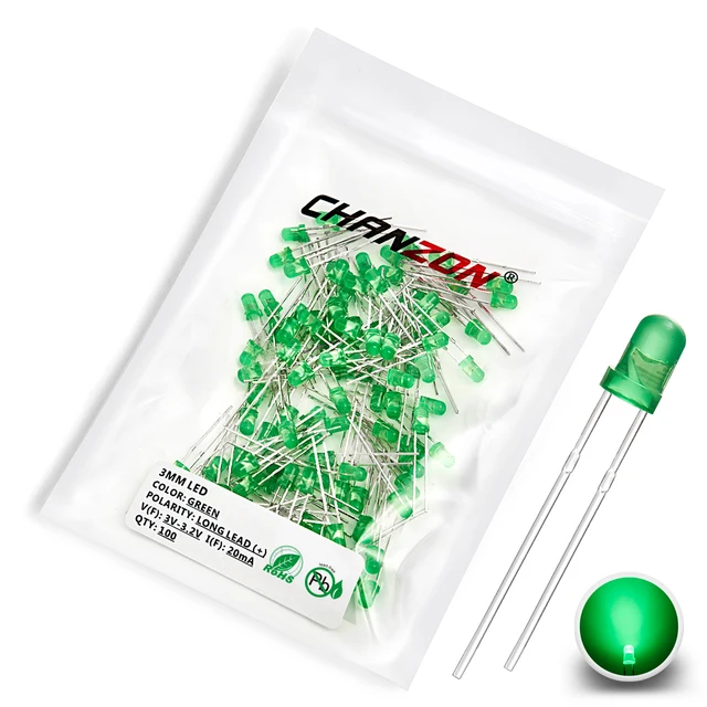 3mm LED Diode Kit Ultra Bright Warm White Red Green Blue UV Purple Yellow Orange Pink Clear Diffused Lens F3 Emitting Assortment 100Pcs Color Green