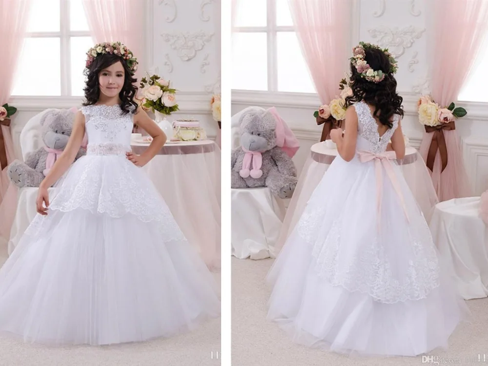 

lace appliques beading flower girl Dresses 2016 sleeveless weddings beading sashes ball gown first communion dresses for girls