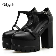Gdgydh Spring Autumn Ankle Strap Buckle Women Pumps Black Thick High Heeled Shoes Female Single Shoes Shallow Out Soft Leather