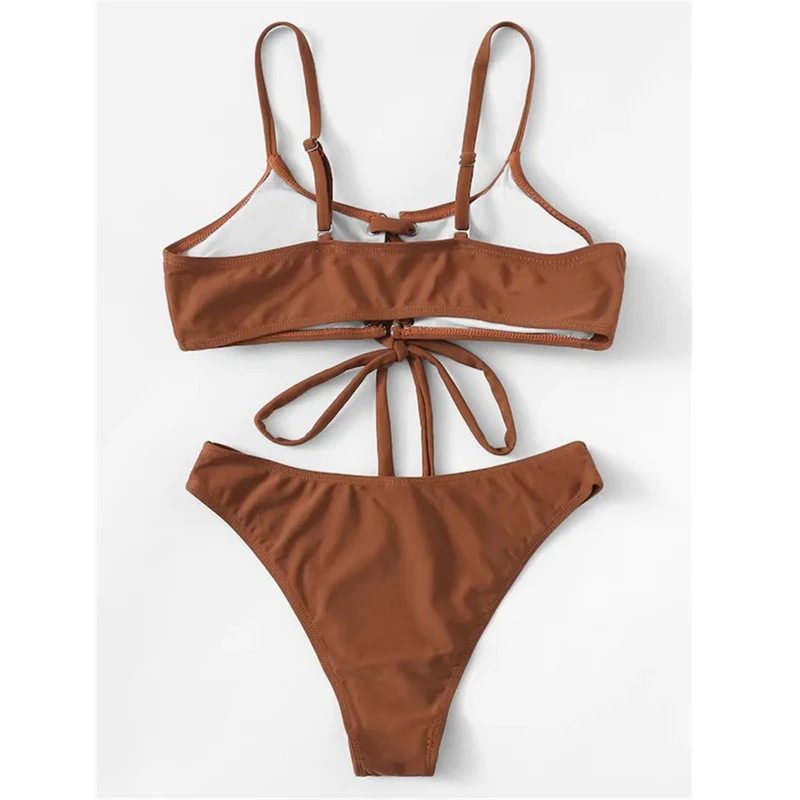 Conjunto de Bikini de dos piezas para mujer, traje de baño de dos piezas con cordones, de pierna alta, marrón, 2019|Conjunto de - AliExpress