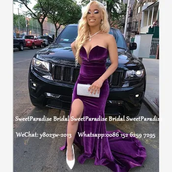 

Purple Velvet Mermaid Prom Dresses 2020 Sexy Side Split Long Chapel Train African Women Formal Evening Dress Vestido De Festa