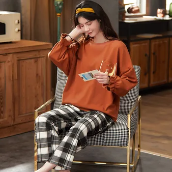 

Autumn New Style Cotton Pajamas Women's Japanese and Korean Long-sleeved Sweet and Cute Two-piece Casual Home Wear Dormir Tops