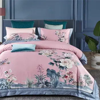 

Pink Long-staple Cotton Bedding Set Chinese classical style Bed Set flowers Duvet Cover/sheet/pillowcase Queen/King Size Bed