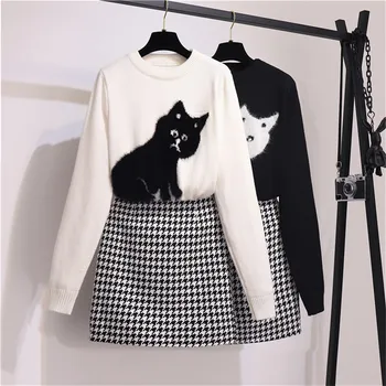 

Faux Fur Cat Patchwork Knitted Sweater + High Waist Houndstooth Tweed Mini Skirt Set Autumn Winter Two Pieces Set Women A083