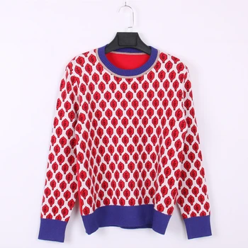 

Runway Leaves Print Pullovers Sweater Women Autumn Winter Knitted Top Contrast Color Female Casual Plaid O-neck Ladies Jumper