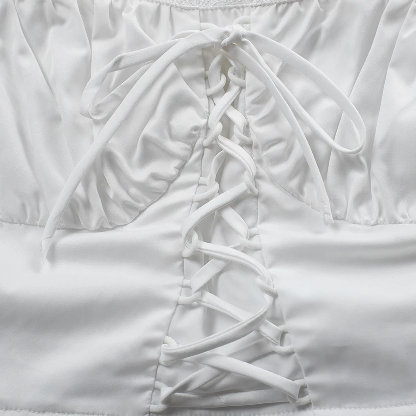 OOTN элегантная белая кружевная блузка с длинным рукавом, Женский плиссированный укороченный топ, квадратный воротник, на шнуровке, на пуговицах, с пышными рукавами, сексуальная рубашка с оборками
