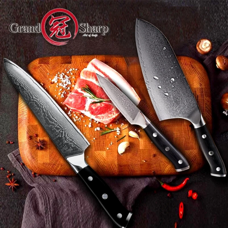 GRANDSHARP 5 шт. набор кухонных ножей шеф-повара из японской стали vg10 Дамасские кухонные ножи Kiritsuke обвалочные инструменты для приготовления пищи G10 Ручка - Цвет: 3 Pcs Knife Sets