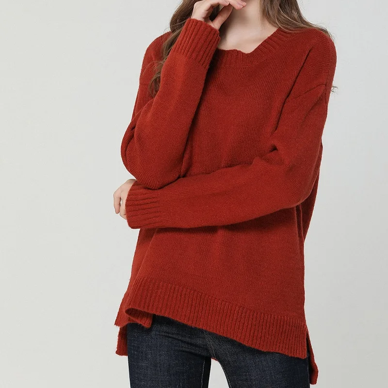 Women Basic Essentials Long Sleeves Solid Casual Red Crewneck Sweater Top | Женская одежда