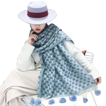 

Real Rabbit Fur Women's Cashmere Plaid Shawl Thick Winter Wool Stole Soft Warm Female Wrap Tippet Long Tassel Scarf For Women