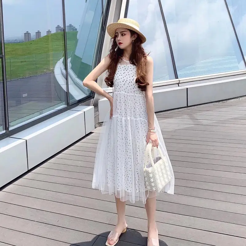 

Skirt Fairy Immortal MORI Series Korean-style Hipster Polka Dot Strapped Dress Set + Gauze Skirt Two-Piece Set Summer