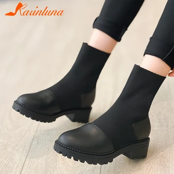 

Karinluna 2020 New Design Genuine Cow Leather Fashion Boots Woman Shoes Warm Plush Slip On Stretch Fabric Autumn Winter Boots