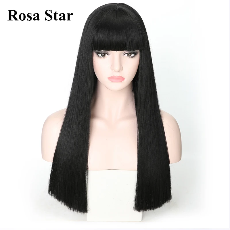 

Rosa Star Straight Synthetic Wigs With Bangs For Women Black Heat Resistant Fiber Cosplay Costume Wig 3 Color