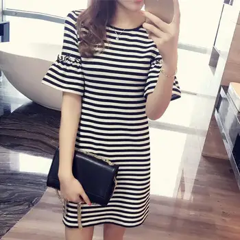 

Fashion Stripes Summer Women Round Neck Short Flare Sleeve Loose T-Shirt Dress