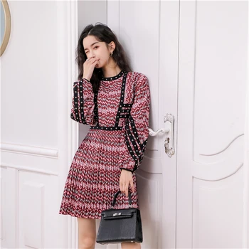 

Print Beading Striped Women Dress Women Clothing High Waist Long Sleeve Mini Club Dress Female Robes TA344
