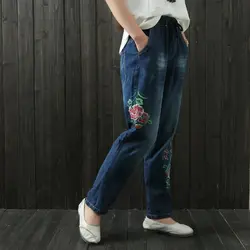 Большие размеры vrouwen Bloemen bordoren джинсы Прямые Losse Lange деним Broek