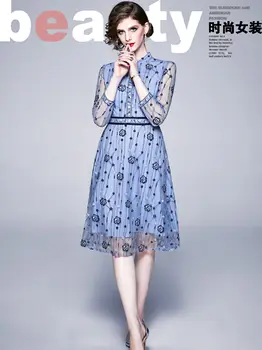 

COIGARSAM Embroidery Women dress New Spring Lace Dresses Blue 9208