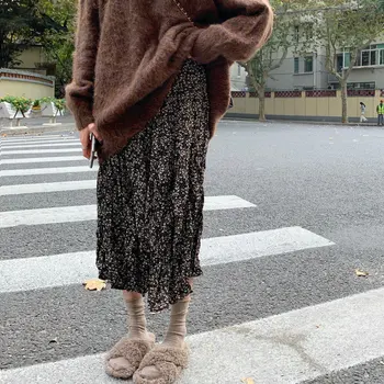 

Dunayskiy Black Pleated Chic Gentle Office Lady Stylish Vintage All-Match Sweet Print Floral Elastic-Waist Retro Long Skirts