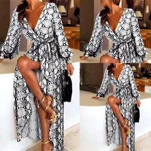 Summer Autumn Long Dresses Women Leopard Beachwear Lightweight Beach Chiffon Dress Casual Long Sleeve V Neck Elegant Party Dress