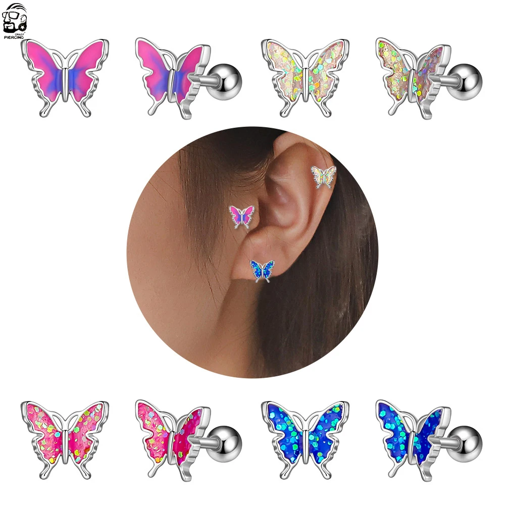 1/2pcs Colorful Butterfly Ear Tragus Piercing Lip Labret Plug Surgical Steel Daith Earrings Helix Piercings Cartilagem Da Orelha piercing jewelry body piercing jewelry body jewelry ear piercing jewelry body piercing earrings