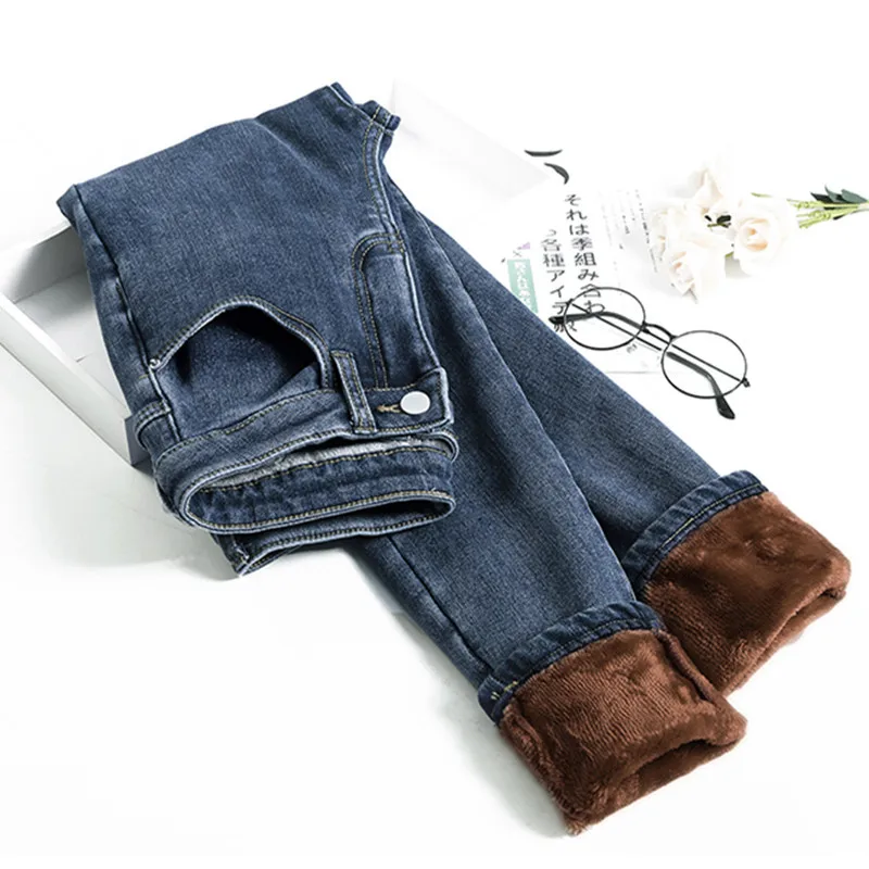 Высокие флисовые Джинсы женские модные теплые плотные джинсовые узкие брюки обтягивающие однотонные джинсы брюки новые сексуальные уличные брюки P9231 - Цвет: Синий