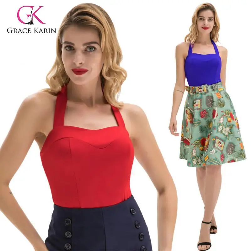 Grace Karin, модные, сексуальные, женские, одноцветные, с открытой спиной, с лямкой на шее, топы, для девушек, спортивные, хлопковые, удобные, на бретельках, топы