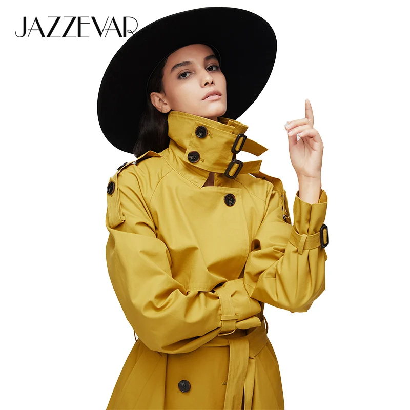 JAZZEVAR Новое поступление осенний серый плащ женский двубортный плиссированный длинный верхняя одежда для леди высокое качество пальто для женщин 9003