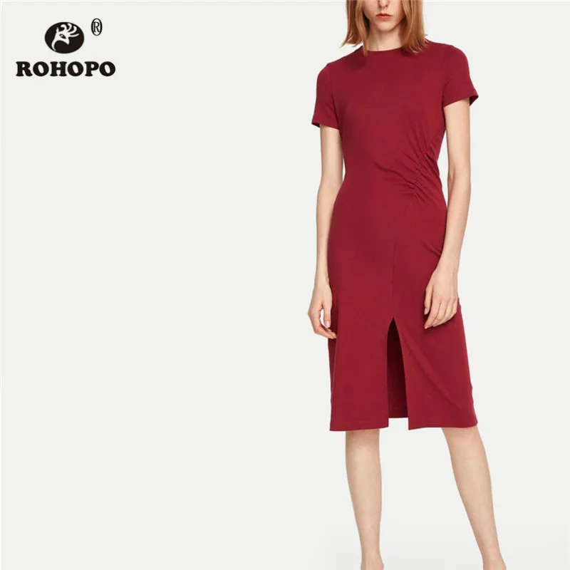 

ROHOPO Round Collar Short Sleeve Jersey Red Bodycon Knee Length Dress Back V Neck Tie Waist Split Hem Female Sheath Robe #6479