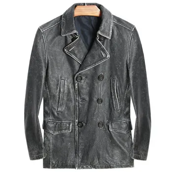 

Mens Leather Suit Jacket Male Double Breasted Fashion long Coat Real Genuine Cow Leather Jacket Men Vintage Winter Outerwear Top