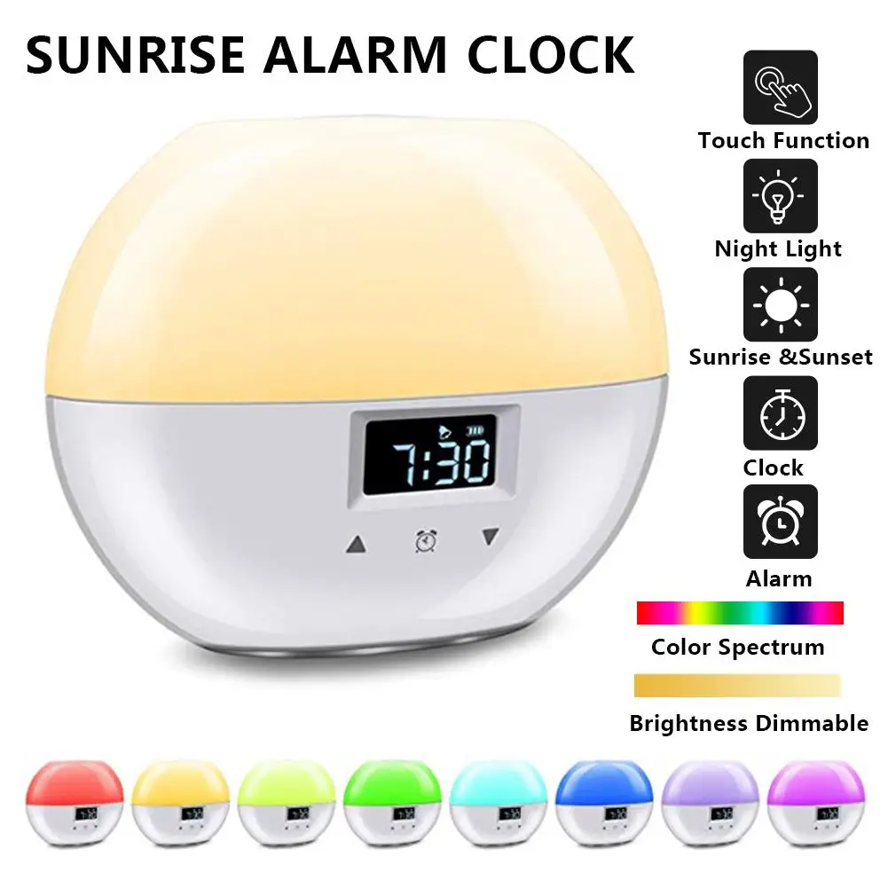 USB Sunrise Alarm Clock Touch Control Wake Up Light Digital Clock With Snooze Function 9 Color Night Lamp