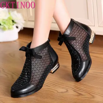 

GKTINOO 2020 Spring Summer New Bow Genuine Leather Women Boots Hollow Mesh Ankle Boots Comfortable Low Heels Fashion Shoes
