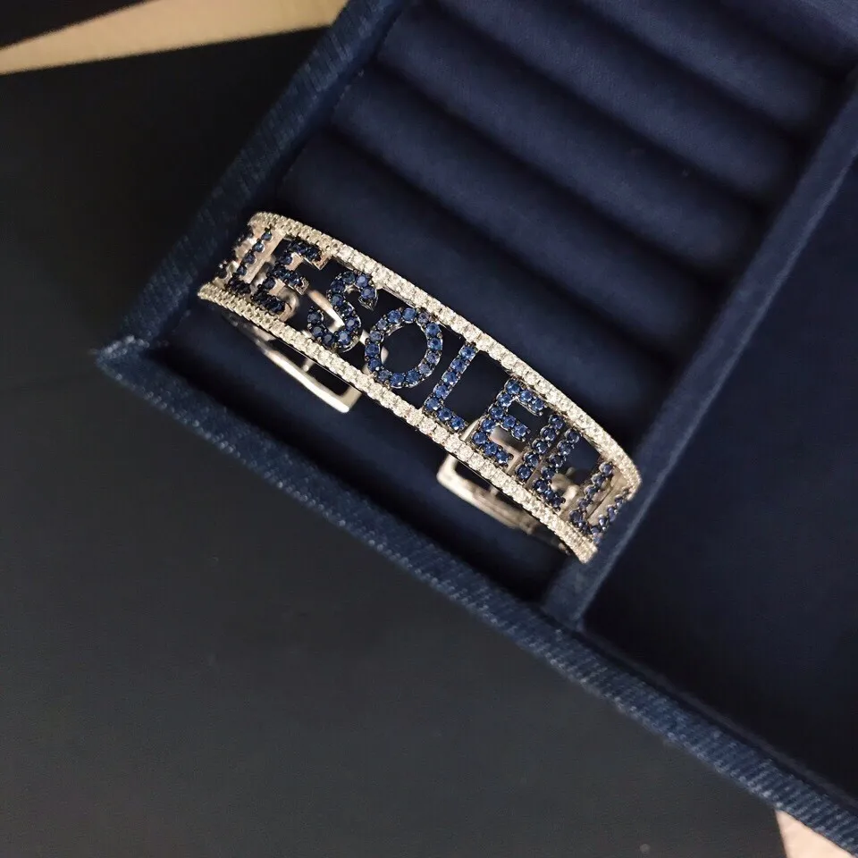

France Brand 925 Sterling Silver Drak Blue SOLEIL Letters Open Cuff Bracelet Micro Cubic Zirconia Stones Bangle for Women