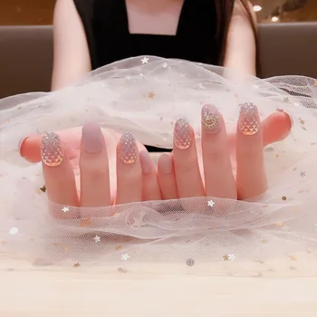 

Glitter Pink Nude False Nails Almond Nail Art Tips 3D Rhinestones false nails with glue Office Finger Wear press on nails