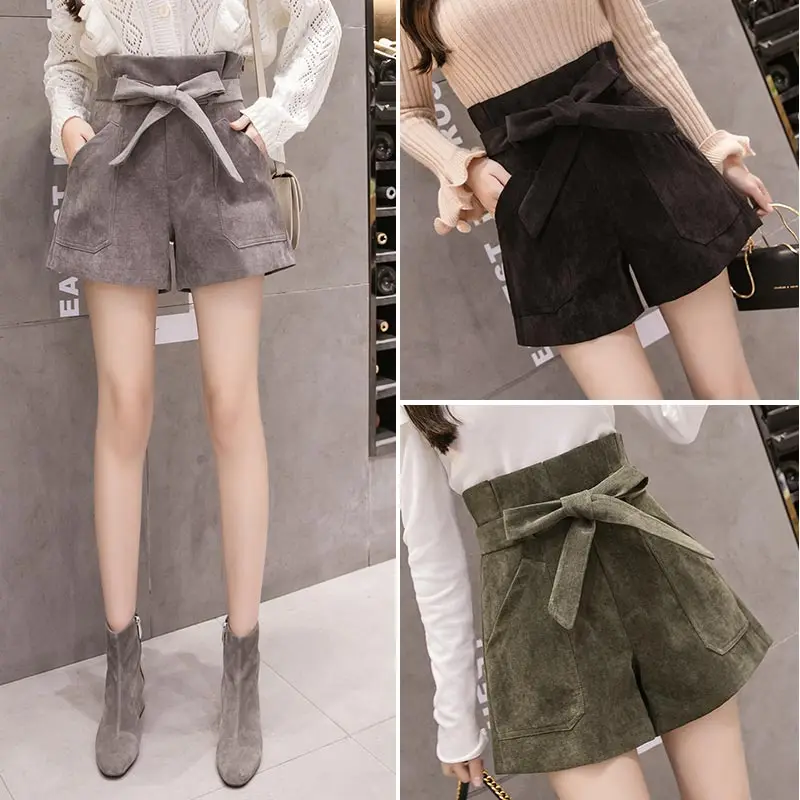 Autumn Winter New Women Corduroy Shorts Korean Fashion Bowknot Sashes Wide Leg Shorts Woman Casual High Waist Shorts