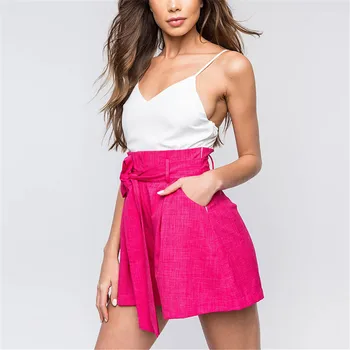 

Women's Casual High Elastic Waist Drawstring Wide Leg Bowknot Tie Summer Culottes Shorts Pockets Beach Holiday Solid Color