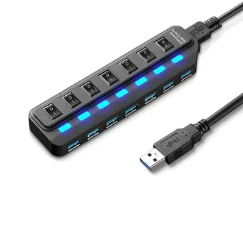 

Plug & Play Portable Size 7 Ports USB 3.0 Hub On/Off Switches AC Adapter Cable Splitter for PC Laptop RF