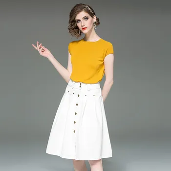 

T906290 Women's Wear 2019 Short Sleeve Top + Solid Color Half Body Skirt Two-piece Set Suit