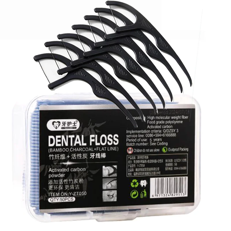 50PcsBambooCharcoalDentalFlossTeethSticksToothPicks