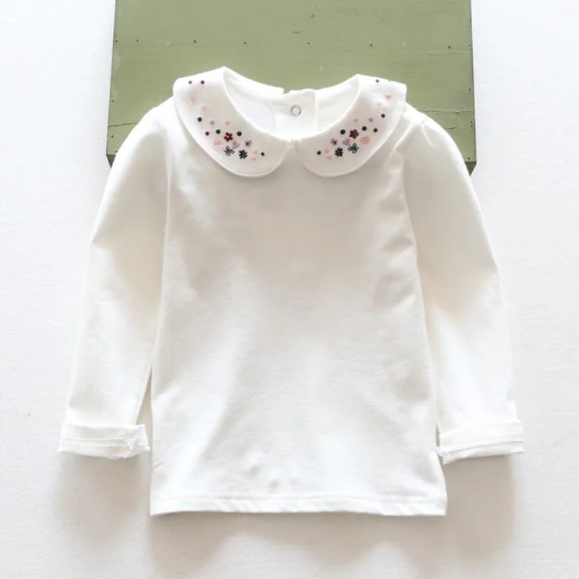 자수 여고생 화이트 블라우스 코튼 티셔츠,   옷, 긴 소매 티셔츠, 어린이 상의 티