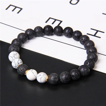 

Vintage White Turquoises Howlite Stone Beads Bracelet 8mm Natural Black Lava Volcanic Beaded Bracelet Energy Jewelry Men Women