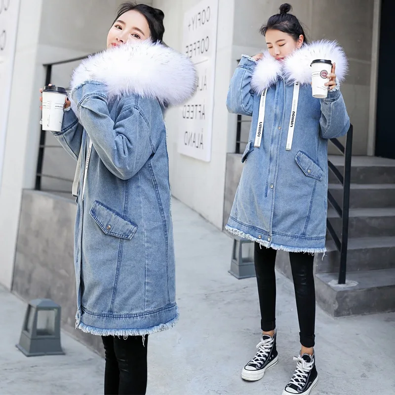

2019 Winter New Style Korean-style Embroidered Mid-length Cowboy Cotton-padded Clothes Women's Large Fur Collar Thick Coat