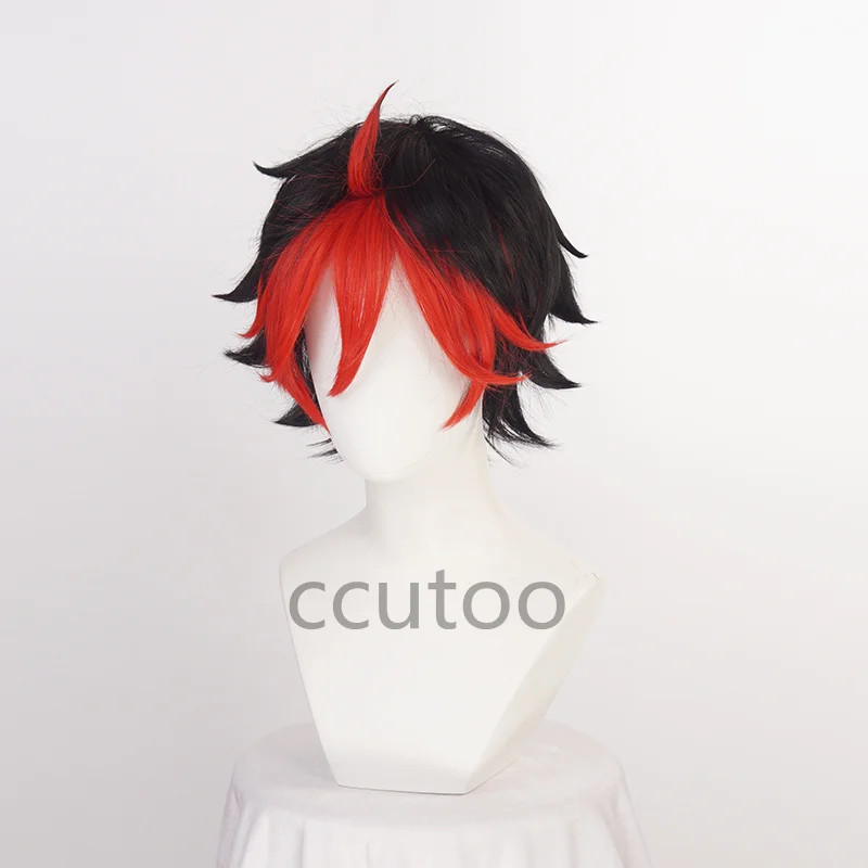 Show By Rock!! Crow Guren Cosplay Wig Short Black Red Bangs Mixed Heat Resistant Synthetic Hair Halloween Party + Wig Cap