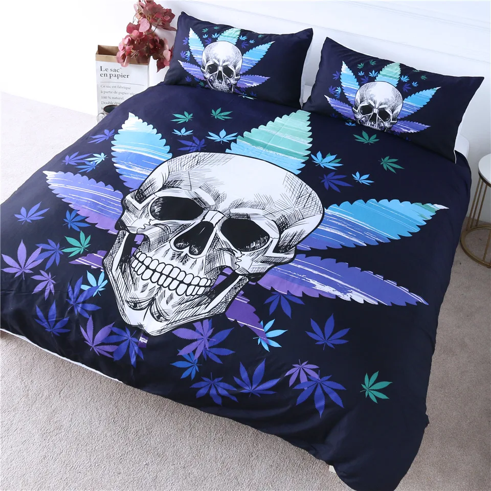 

HM Life Bedding Set Skull Maple Leaf Duvet Cover Set Gothic Comforter Cover Blue Purple Adults and Kids 3-Piece Bedclothes